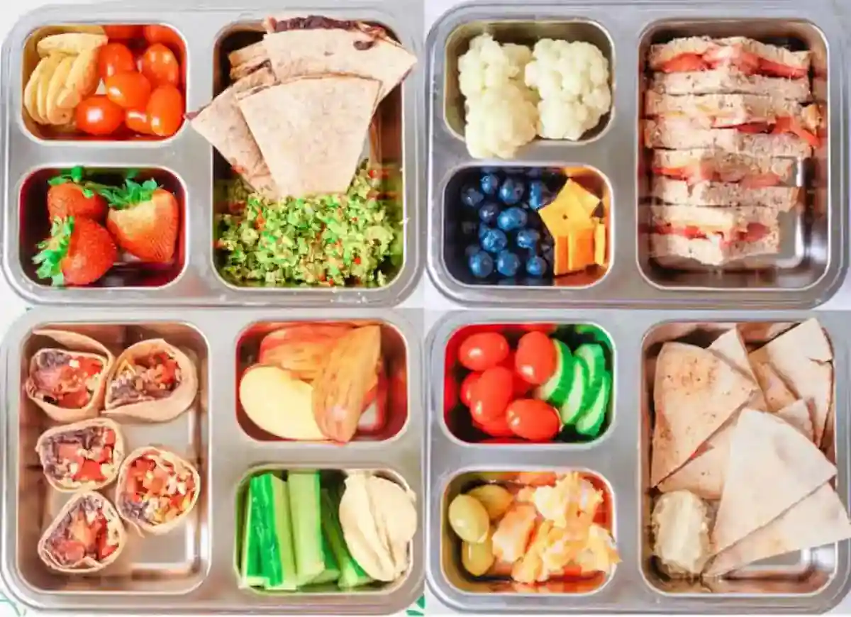 A set of six meal prep trays containing assorted foods such as wraps, sandwiches, cherry tomatoes, peppers, cauliflower, blueberries, cheese cubes, sweet potato slices, a salad, orange slices, broccoli, and other vegetables.30 Easy and Healthy Meal Ideas for Picky Eaters