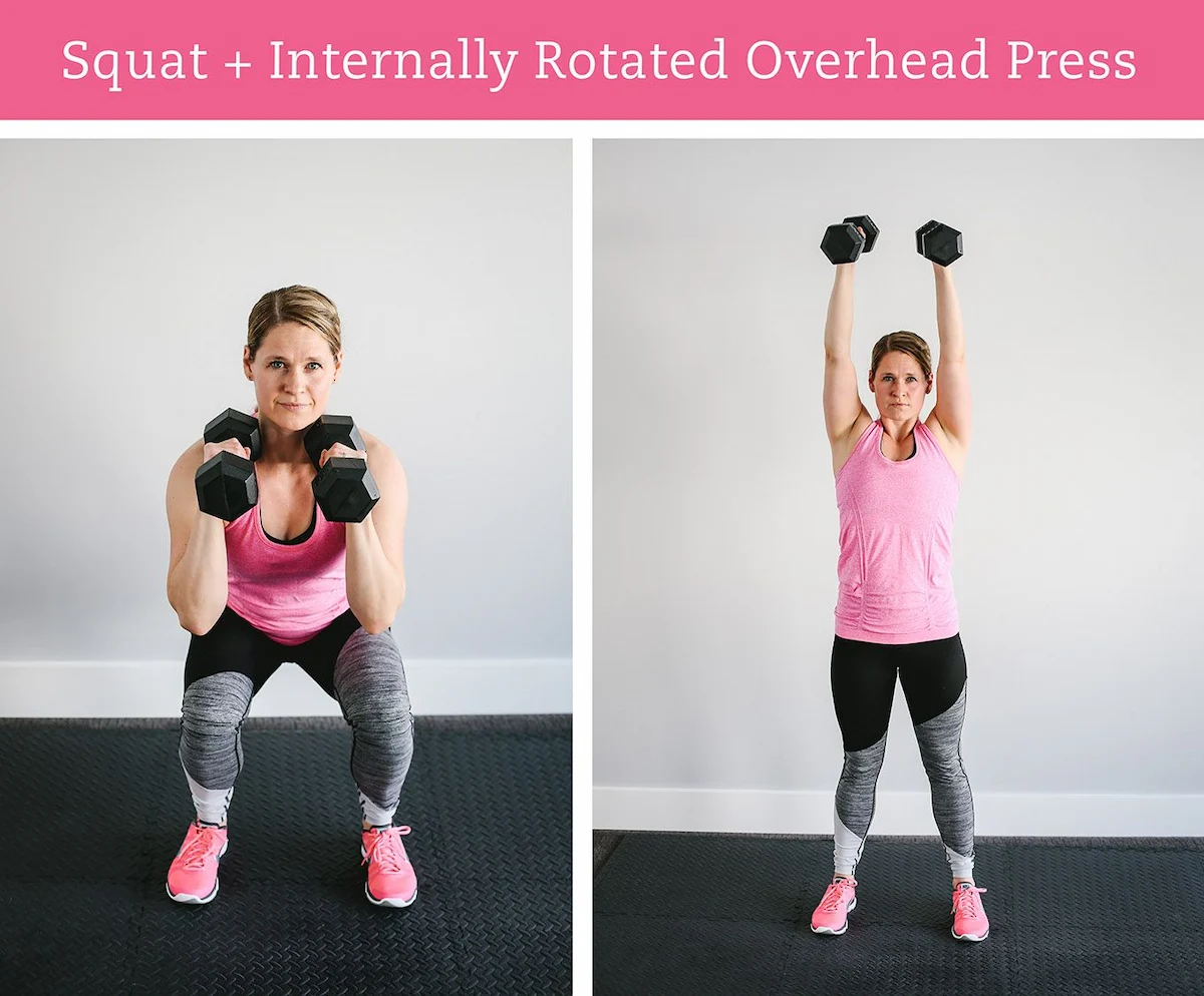 Two images demonstrate a woman performing a squat combined with an internally rotated overhead press. In the left image, she squats holding dumbbells at shoulder height. In the right image, she stands and presses the dumbbells overhead with arms rotated inward.