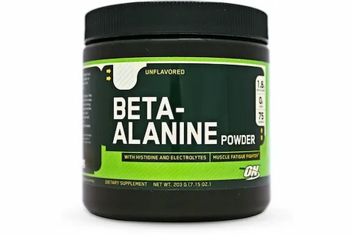 A container of Optimum Nutrition Beta-Alanine Powder, unflavored. The label features details like "1.6 g" beta-alanine per serving, "0 g" sugar, and "75 servings." It highlights "with histidine and electrolytes" and is labeled as a dietary supplement, 203 g (7.15 oz).