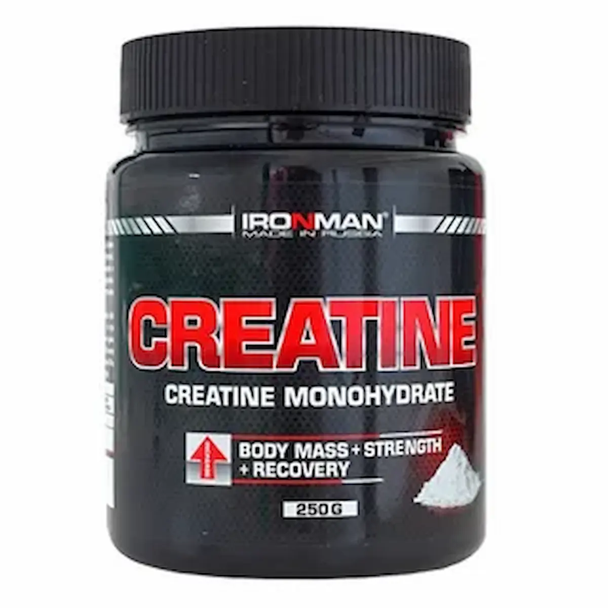 A black container of Ironman Creatine Monohydrate supplement with red and white text. The label highlights benefits such as increased body mass, strength, and recovery. The jar contains 250 grams of creatine powder.