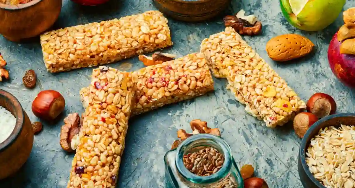 Four granola bars surrounded by various nuts, seeds, and fruits are displayed on a textured blue surface. There are also bowls filled with grains and seeds, and a jar with flax seeds, creating a wholesome and rustic food arrangement.