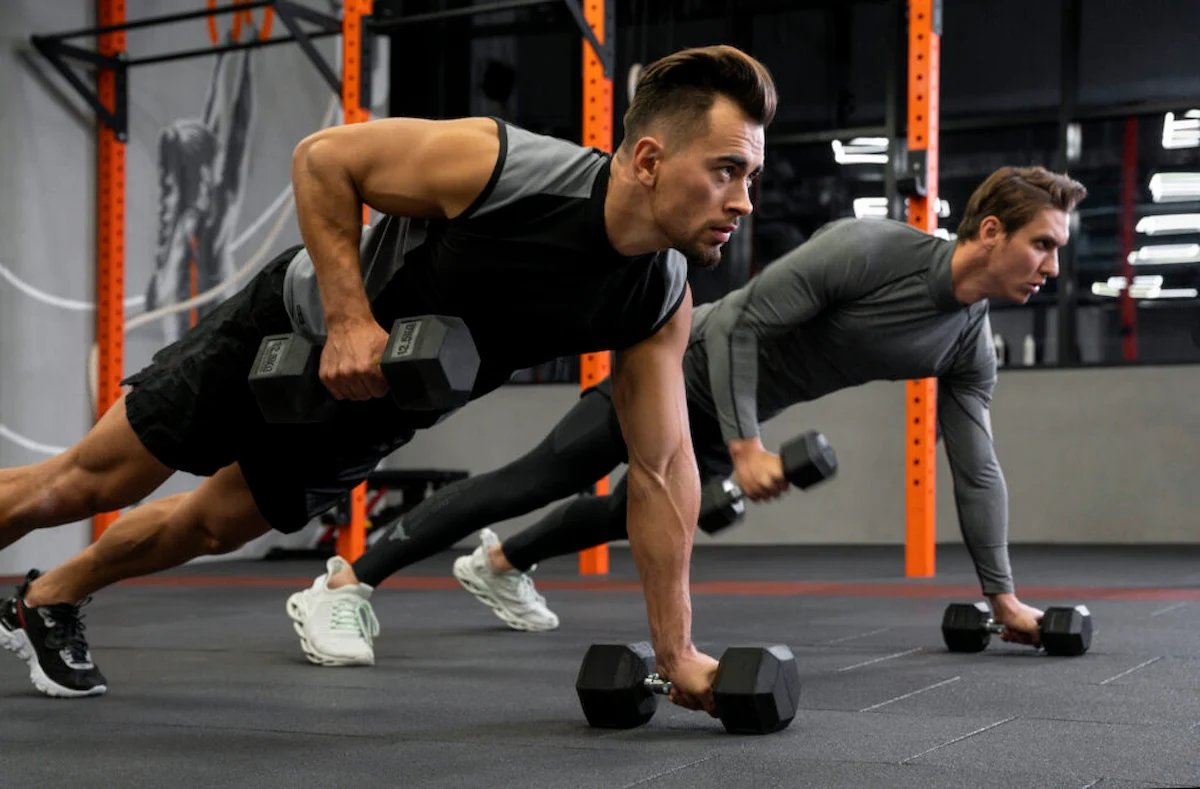 Two men are performing push-up rows with dumbbells in a gym. They are positioned in a plank stance, holding dumbbells while rowing one back at a time. Both are wearing athletic attire; the gym has an industrial look with orange and black equipment.